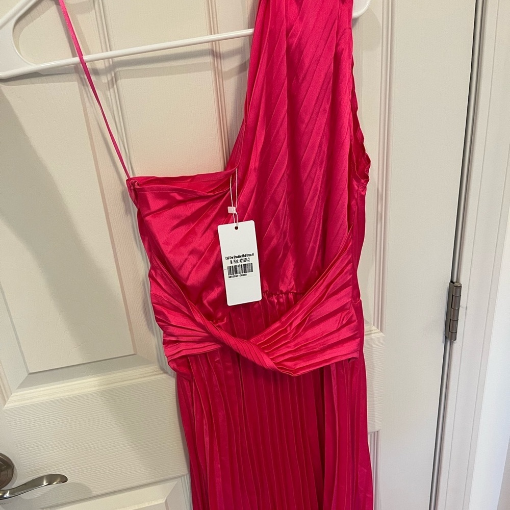 Billy J- One Shoulder Midi Dress in Pink/Fuchsia